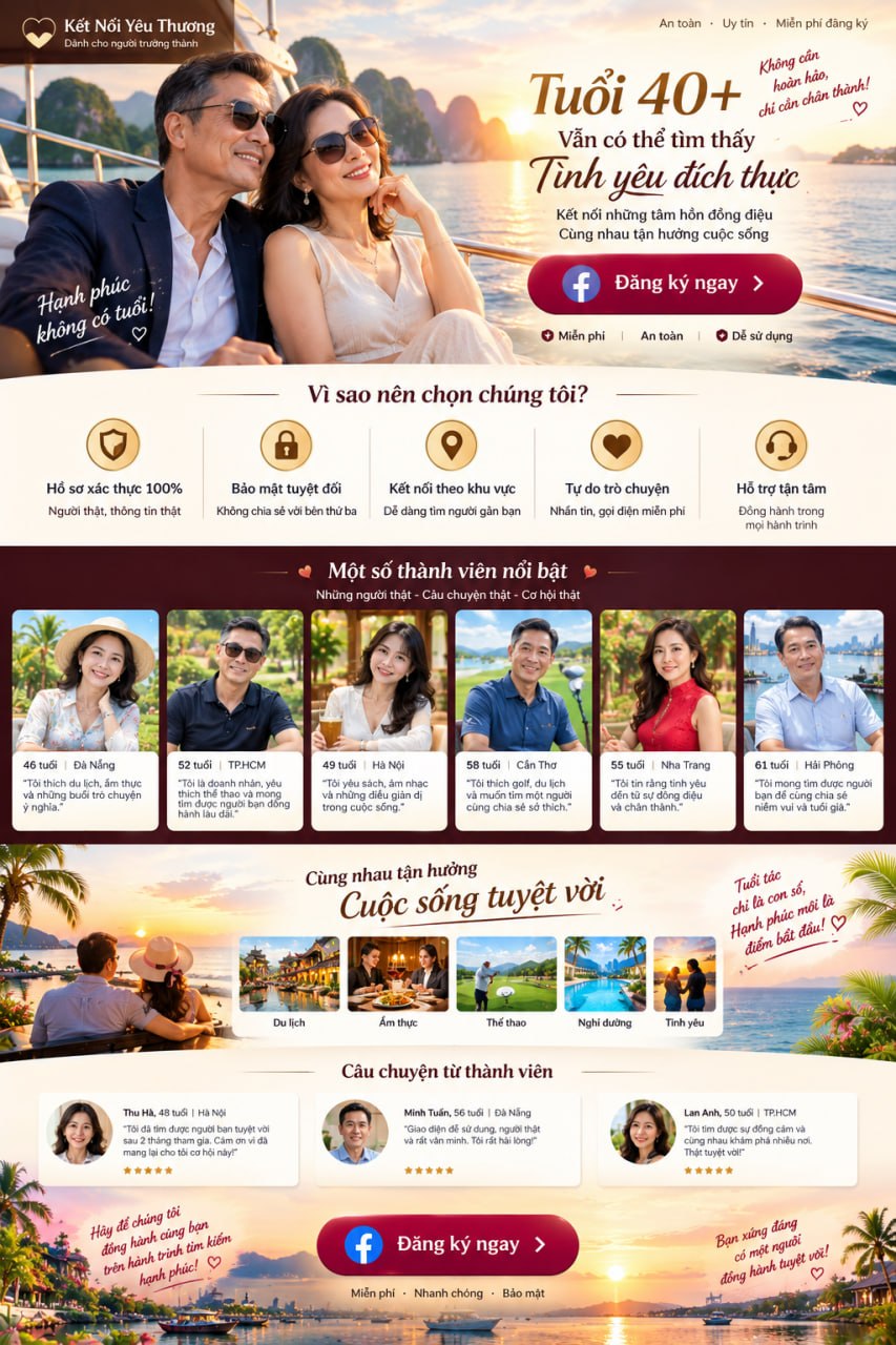 Kết Nối Yêu Thương. Dành cho người trưởng thành. Tuổi 40+ vẫn có thể tìm thấy tình yêu đích thực. Kết nối những tâm hồn đồng điệu, cùng nhau tận hưởng cuộc sống. Vì sao nên chọn chúng tôi? Hồ sơ xác thực 100%, bảo mật tuyệt đối, kết nối theo khu vực, tự do trò chuyện, hỗ trợ tận tâm. Một số thành viên nổi bật. Cùng nhau tận hưởng cuộc sống tuyệt vời: du lịch, ẩm thực, thể thao, nghỉ dưỡng, tình yêu. Câu chuyện từ thành viên. Miễn phí, nhanh chóng, bảo mật.